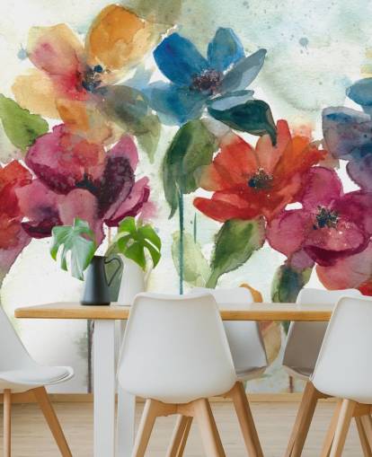 mural de papel pintado floral personalizable rojo, naranja y azul llamado Flower Dance de Carol Robinson para sala de estar