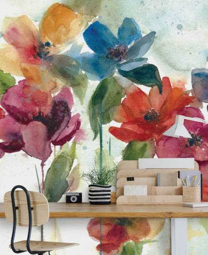 rød orange og blå tilpasselig blomstertapet vægmaleri kaldet Flower Dance af Carol Robinson til stuen