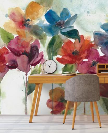 röd orange och blå anpassningsbar blommig tapetväggmålning kallad Flower Dance av Carol Robinson för vardagsrummet röd orange och blå anpassningsbar blommig tapetväggmålning kallad Flower Dance av Carol Robinson för vardagsrummet