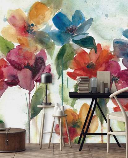 roodoranje en blauwe aanpasbare bloemenbehangmuurschildering genaamd Flower Dance van Carol Robinson voor de woonkamer