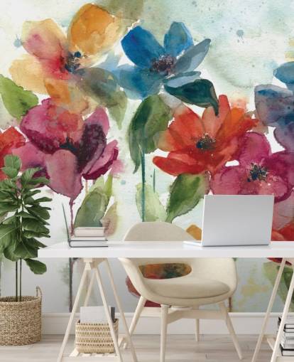 mural de papel pintado floral personalizable rojo, naranja y azul llamado Flower Dance de Carol Robinson para sala de estar