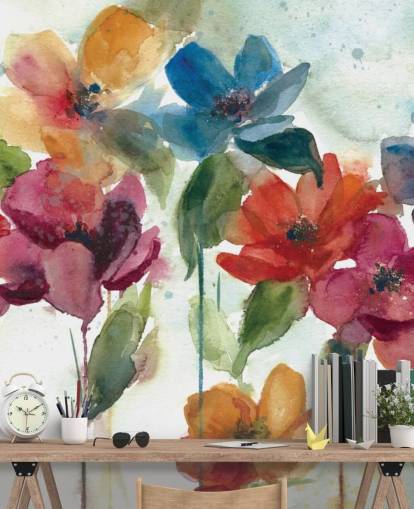 Personalisierbare Blumentapete in Rot, Orange und Blau namens Flower Dance von Carol Robinson für das Wohnzimmer