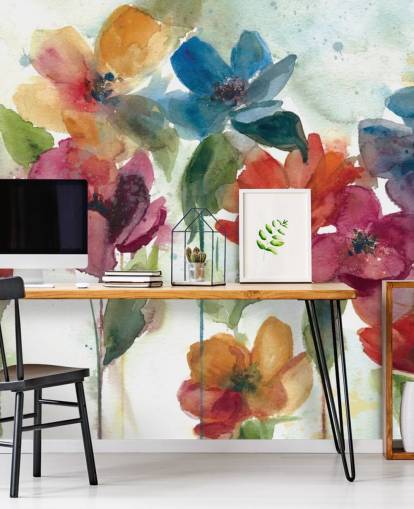 Personalisierbare Blumentapete in Rot, Orange und Blau namens Flower Dance von Carol Robinson für das Wohnzimmer