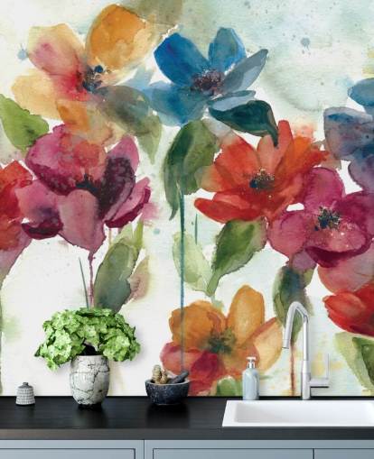 red orange and blue customisable floral wallpaper mural called Flower Dance by Carol Robinson for living room