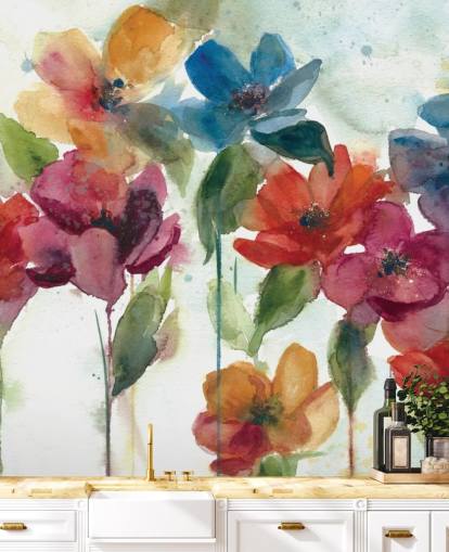 Personalisierbare Blumentapete in Rot, Orange und Blau namens Flower Dance von Carol Robinson für das Wohnzimmer