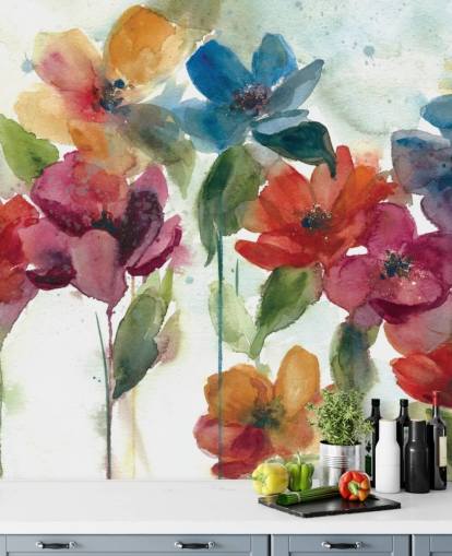 red orange and blue customisable floral wallpaper mural called Flower Dance by Carol Robinson for living room