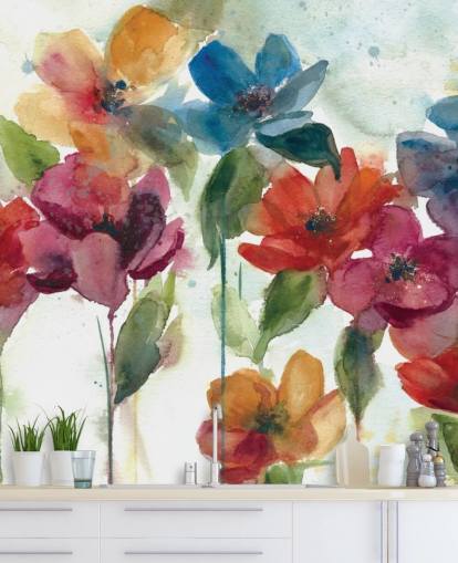 mural de papel pintado floral personalizable rojo, naranja y azul llamado Flower Dance de Carol Robinson para sala de estar