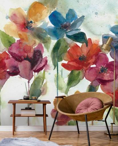 Personalisierbare Blumentapete in Rot, Orange und Blau namens Flower Dance von Carol Robinson für das Wohnzimmer