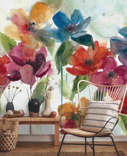 Personalisierbare Blumentapete in Rot, Orange und Blau namens Flower Dance von Carol Robinson für das Wohnzimmer