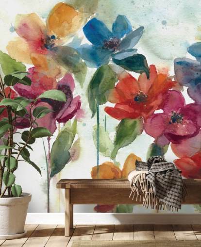 papier peint mural floral personnalisable rouge, orange et bleu appelé Flower Dance par Carol Robinson pour le salon