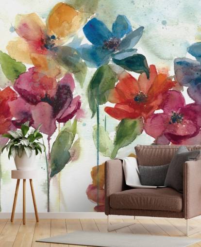 Personalisierbare Blumentapete in Rot, Orange und Blau namens Flower Dance von Carol Robinson für das Wohnzimmer Personalisierbare Blumentapete in Rot, Orange und Blau namens Flower Dance von Carol Robinson für das Wohnzimmer