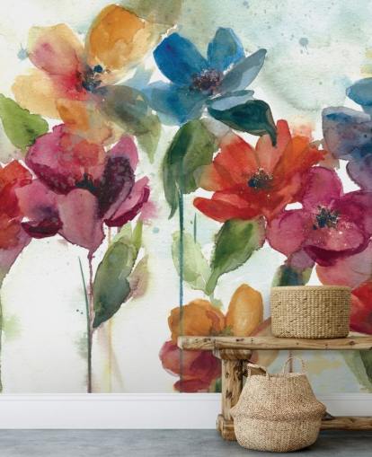 mural de papel de parede floral personalizável vermelho, laranja e azul chamado Flower Dance, de Carol Robinson, para sala de estar