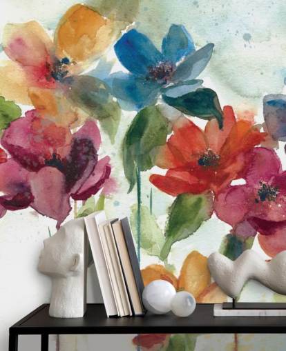röd orange och blå anpassningsbar blommig tapetväggmålning kallad Flower Dance av Carol Robinson för vardagsrummet