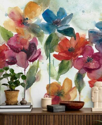 red orange and blue customisable floral wallpaper mural called Flower Dance by Carol Robinson for living room