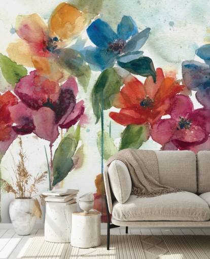 papier peint mural floral personnalisable rouge, orange et bleu appelé Flower Dance par Carol Robinson pour le salon