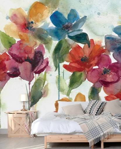 papier peint mural floral personnalisable rouge, orange et bleu appelé Flower Dance par Carol Robinson pour le salon