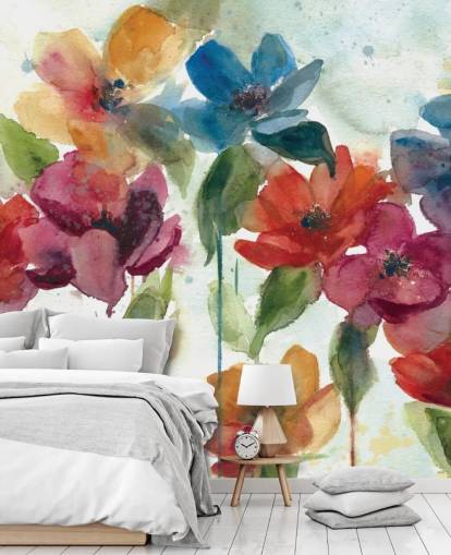 red orange and blue customisable floral wallpaper mural called Flower Dance by Carol Robinson for living room