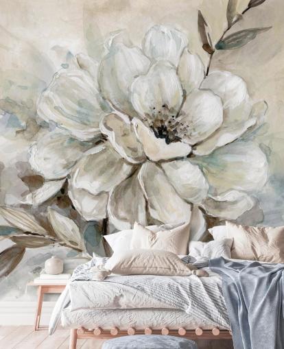 mural de papel de parede floral personalizado branco chamado Neutral Bloom de Carol Robinson para salas de estar