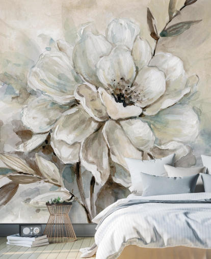 vit anpassad blommig tapetväggmålning kallad Neutral Bloom av Carol Robinson för vardagsrum