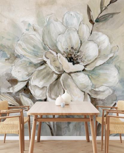 white custom floral wallpaper mural called Neutral Bloom by Carol Robinson for living rooms