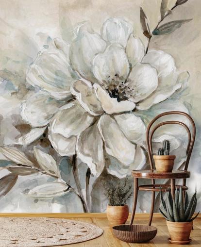 weißes kundenspezifisches Blumentapetenwandbild namens Neutral Bloom von Carol Robinson für Wohnzimmer
