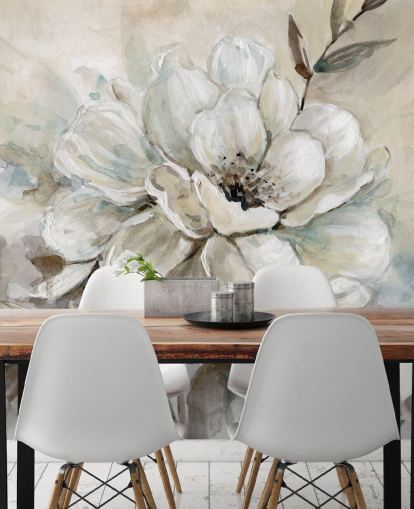 papier peint floral personnalisé blanc appelé Neutral Bloom par Carol Robinson pour les salons