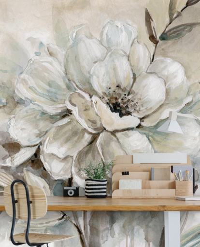 white custom floral wallpaper mural called Neutral Bloom by Carol Robinson for living rooms