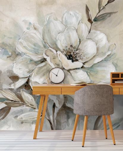 weißes kundenspezifisches Blumentapetenwandbild namens Neutral Bloom von Carol Robinson für Wohnzimmer