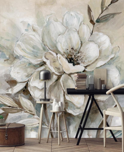 carta da parati floreale personalizzata bianca chiamata Neutral Bloom di Carol Robinson per salotti