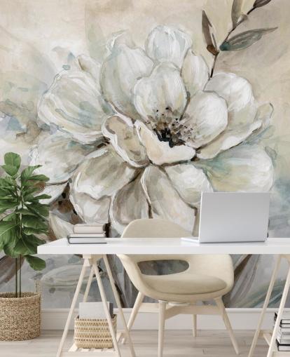 mural de papel pintado floral personalizado blanco llamado Neutral Bloom de Carol Robinson para salas de estar