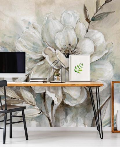 mural de papel pintado floral personalizado blanco llamado Neutral Bloom de Carol Robinson para salas de estar