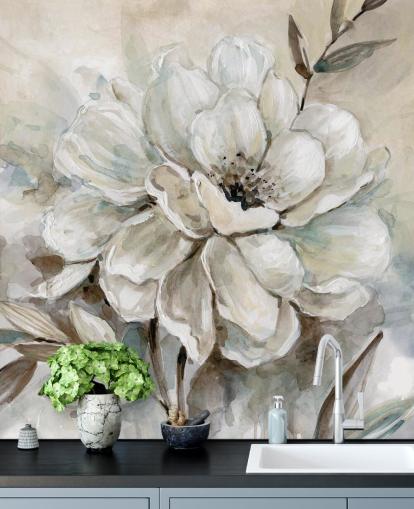 vit anpassad blommig tapetväggmålning kallad Neutral Bloom av Carol Robinson för vardagsrum vit anpassad blommig tapetväggmålning kallad Neutral Bloom av Carol Robinson för vardagsrum