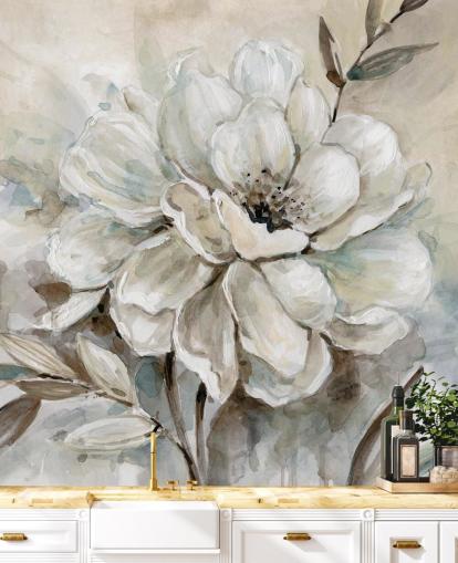 weißes kundenspezifisches Blumentapetenwandbild namens Neutral Bloom von Carol Robinson für Wohnzimmer
