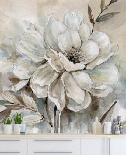 witte op maat gemaakte bloemenbehangmuurschildering genaamd Neutral Bloom van Carol Robinson voor woonkamers witte op maat gemaakte bloemenbehangmuurschildering genaamd Neutral Bloom van Carol Robinson voor woonkamers
