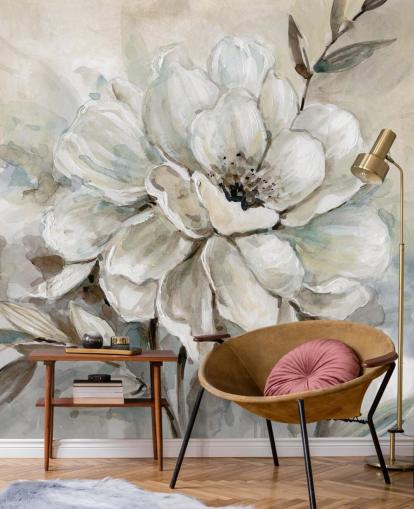 carta da parati floreale personalizzata bianca chiamata Neutral Bloom di Carol Robinson per salotti