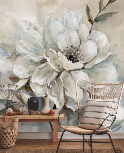 hvitt tilpasset blomstertapet veggmaleri kalt Neutral Bloom av Carol Robinson for stuer hvitt tilpasset blomstertapet veggmaleri kalt Neutral Bloom av Carol Robinson for stuer