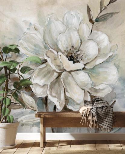 papier peint floral personnalisé blanc appelé Neutral Bloom par Carol Robinson pour les salons