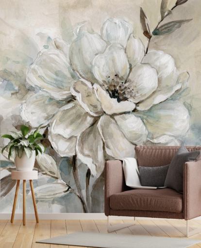 hvitt tilpasset blomstertapet veggmaleri kalt Neutral Bloom av Carol Robinson for stuer