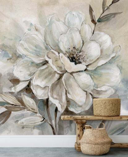 mural de papel pintado floral personalizado blanco llamado Neutral Bloom de Carol Robinson para salas de estar
