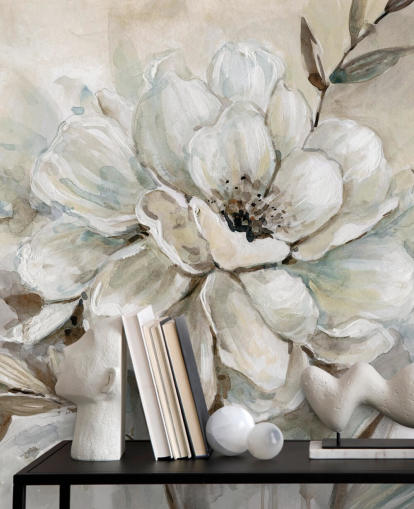 witte op maat gemaakte bloemenbehangmuurschildering genaamd Neutral Bloom van Carol Robinson voor woonkamers