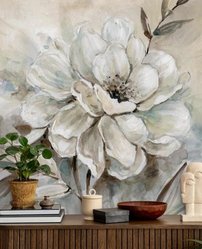 vit anpassad blommig tapetväggmålning kallad Neutral Bloom av Carol Robinson för vardagsrum vit anpassad blommig tapetväggmålning kallad Neutral Bloom av Carol Robinson för vardagsrum