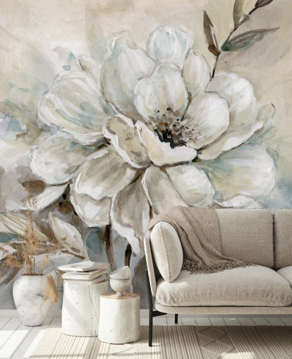 white custom floral wallpaper mural called Neutral Bloom by Carol Robinson for living rooms white custom floral wallpaper mural called Neutral Bloom by Carol Robinson for living rooms
