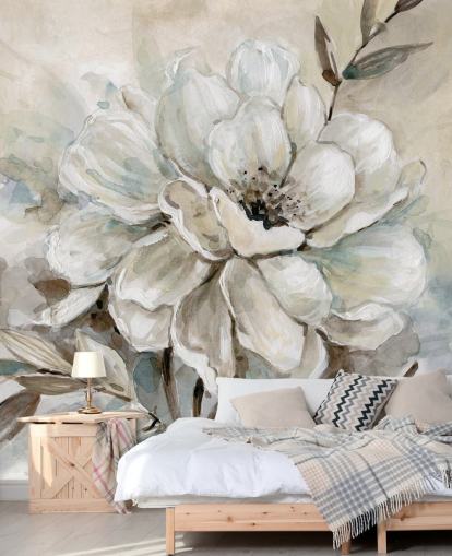 mural de papel pintado floral personalizado blanco llamado Neutral Bloom de Carol Robinson para salas de estar