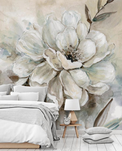 vit anpassad blommig tapetväggmålning kallad Neutral Bloom av Carol Robinson för vardagsrum