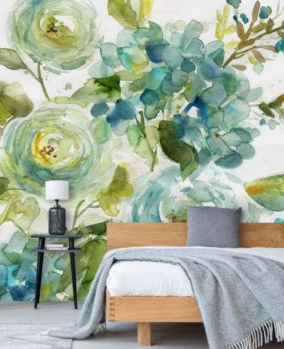 blå och grön anpassad blommig tapetväggmålning kallad Cool Watercolor Floral av Carol Robinson för vardagsrum blå och grön anpassad blommig tapetväggmålning kallad Cool Watercolor Floral av Carol Robinson för vardagsrum