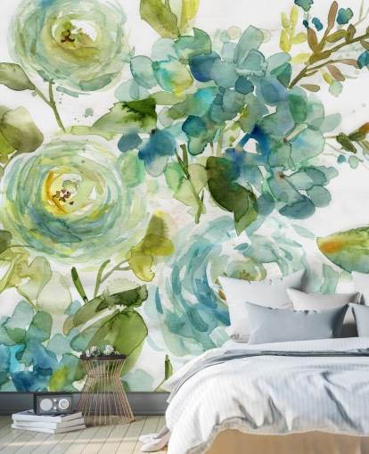 blått og grønt tilpasset blomstertapet veggmaleri kalt Cool Watercolor Floral av Carol Robinson for stuer