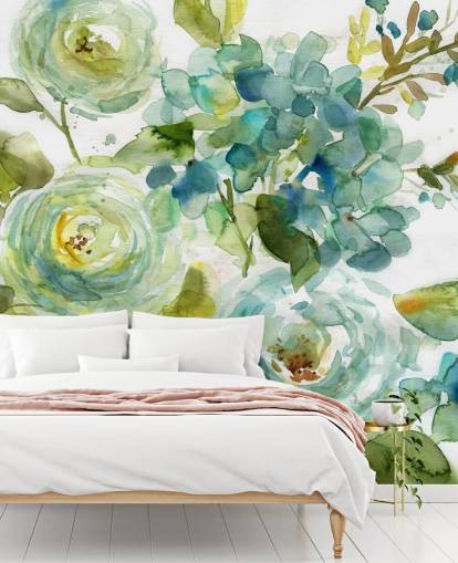 blå och grön anpassad blommig tapetväggmålning kallad Cool Watercolor Floral av Carol Robinson för vardagsrum