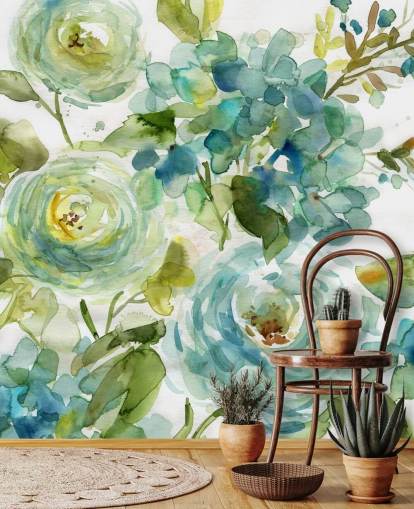 blå och grön anpassad blommig tapetväggmålning kallad Cool Watercolor Floral av Carol Robinson för vardagsrum