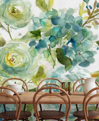blauwe en groene op maat gemaakte bloemenbehangmuurschildering genaamd Cool Watercolor Floral van Carol Robinson voor woonkamers blauwe en groene op maat gemaakte bloemenbehangmuurschildering genaamd Cool Watercolor Floral van Carol Robinson voor woonkamers