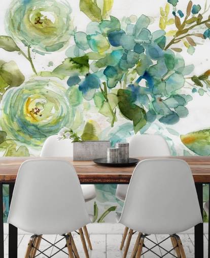 blå och grön anpassad blommig tapetväggmålning kallad Cool Watercolor Floral av Carol Robinson för vardagsrum